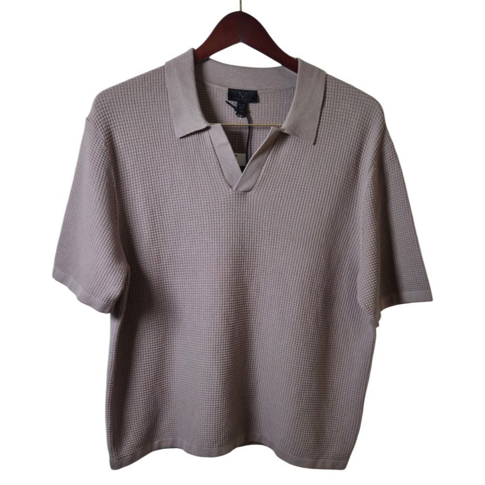 Magaschoni Shirt Men's Medium Gray Stripe Short Sleeve Zip Polo NEW XL